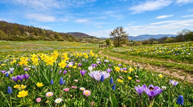 A vibrant meadow bursts with colorful wildflowers under a clear blue sky. A dirt path winds through the field, leading towards distant hills. The foreground 