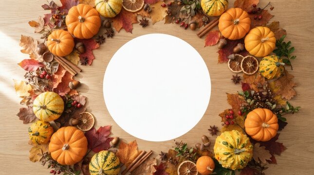 Autumn Pumpkin Frame with White Blank Mockup Circle on Wooden Table