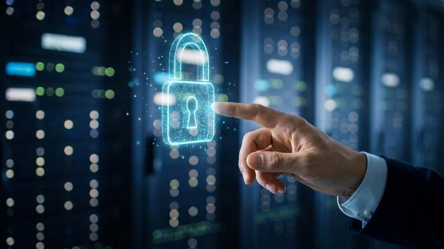 IT professional touching a digital holographic padlock in a high-tech data center environment