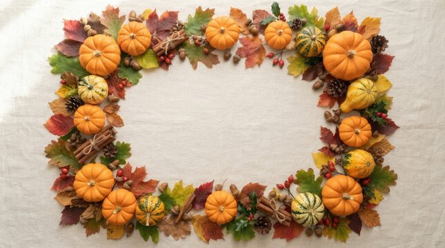 Thanksgiving Pumpkin Border Frame on Light Fabric Background with Copy Space