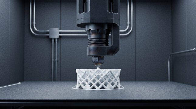 Modern 3D printer nozzle creating a complex white geometric lattice structure in an automated industrial laboratory environment, concept for additive manufacturing and rapid prototyping.