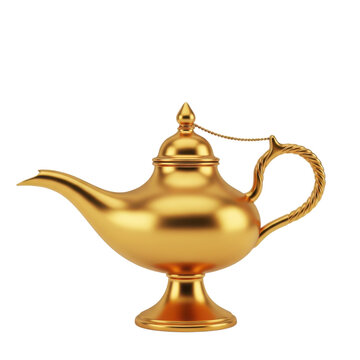 Luxurious golden magic lamp with intricate design and elegant curves against a clean white background