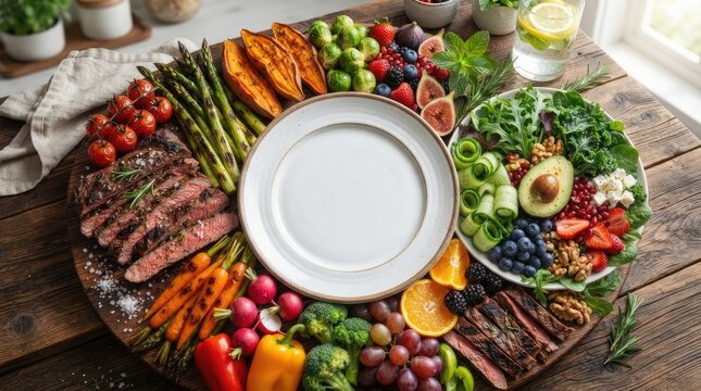 A beautifully arranged charcuterie board sits on a rustic wooden table. The board is filled with a variety of colorful fresh ingredients, including sliced steak, 