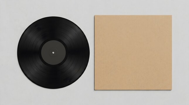 Vinyl LP record disc next to brown kraft paper sleeve mockup