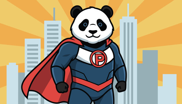 Brave panda superhero wearing blue costume and red cape standing proudly against city skyscrapers on sunny background.