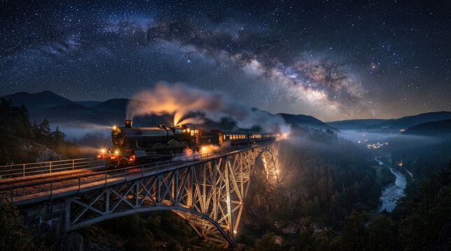 A vintage steam train travels across a long, arched bridge at night. The train emits a plume of white steam into a dark sky filled with a vibrant Milky 