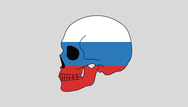 Human skull painted with Russian flag colors of white, blue, and red as a dramatic symbol of danger, conflict, or death.
