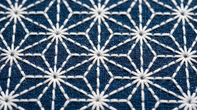 Traditional japanese hemp leaf pattern with white lines on a deep blue textured background