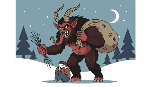 Fearsome mythical Krampus demon with long tongue holding birch twigs near a crying child in the dark snowy forest.