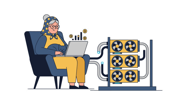 Tech-savvy grandmother with headscarf sitting with cat in armchair while managing a multi-fan GPU mining rig.