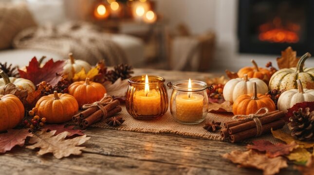 Cozy Autumn Centerpiece with Lit Candles and Fireplace Background