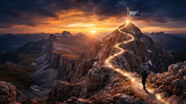 A lone hiker ascends a winding stone path towards a mountain peak during a dramatic sunset. A flag labeled "Success" waves proudly at the summit. 
