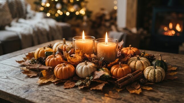 Warm Autumn Table Decor with Lit Candles and Mini Pumpkins