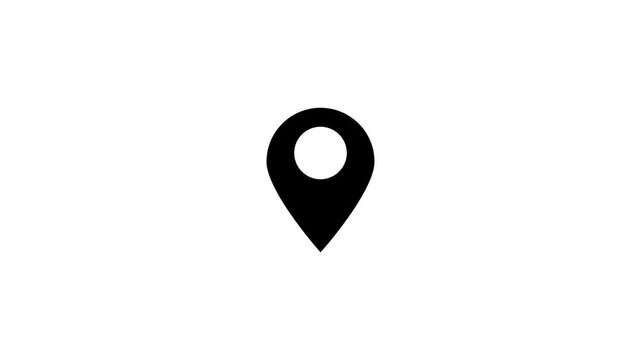 Looping animation of white map location pin bouncing on black background. Pin symbol Indicates the location of the GPS map