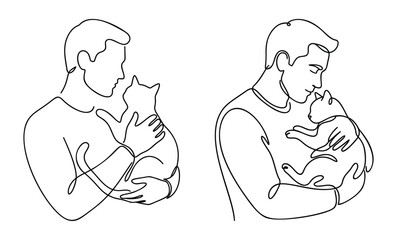 Continuous one line drawing of a man hugging a cat. Minimalist vector illustration representing male pet owners, feline love, and companionship.