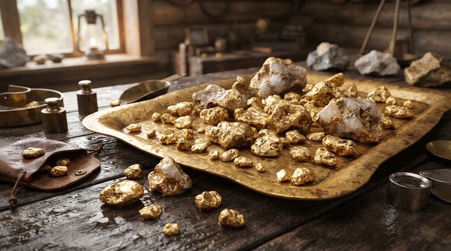Raw Gold Nuggets on Golden Tray Wet Wooden Surface Mining Concept