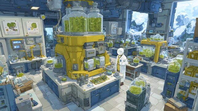 scene with glowing tubes, abstract machinery, and futuristic design elements