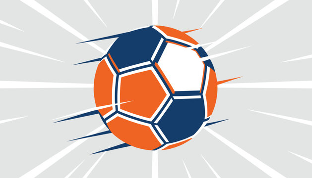 Fast soccer ball in white, orange, and blue flying at high speed with dynamic speed lines on light grey background.