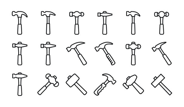 Hammer Icon Professional Hand Tool Outline Vector Set with Claw Hammer, Ball Peen, Sledgehammer, Mallet, Carpenter, and Blacksmith Equipment Collection