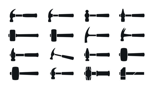 Hammer Silhouette Professional Hand Tool Glyph Vector Icon Set with Claw Hammer, Ball Peen, Sledgehammer, Mallet, Carpenter, and Blacksmith Equipment Collection