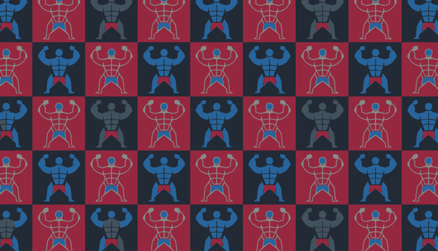 Symmetrical checkerboard pattern featuring colorful flexing bodybuilder silhouettes on red and dark grey blocks.