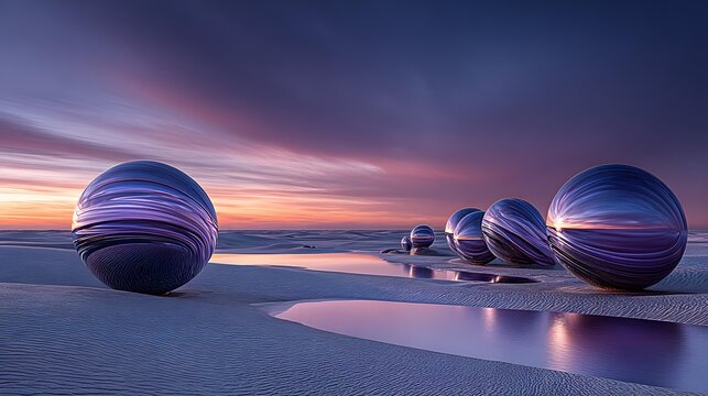with glowing monoliths and abstract forms under a colorful sunset sky