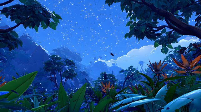 with bioluminescent plants and misty glowing atmosphere under alien sky