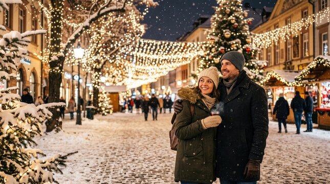 A couple embraces in a snow-covered European street at night. They are standing in front of a decorated Christmas tree and a market stall. 