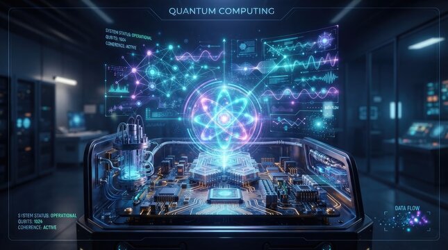 A futuristic laboratory displays a holographic projection of quantum computing data. A complex network of glowing lines and waveforms illustrates 