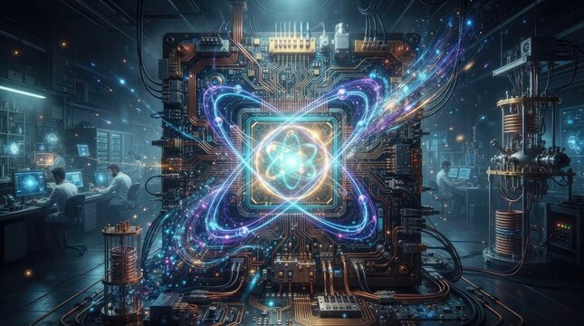 Scientists work intensely in a high-tech laboratory. A massive, glowing computer chip dominates the center of the image, radiating energy and resembling 