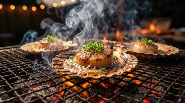 A close-up shot of three seared scallops cooked on a grill. The scallops are presented on woven mats, garnished with green onions, and surrounded 