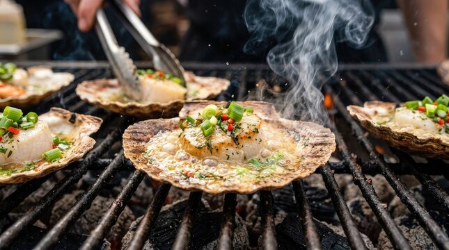 A chef uses tongs to place grilled scallops onto their shells on a charcoal grill. The scallops are topped with green onions and herbs. Smoke rises from the grill, 