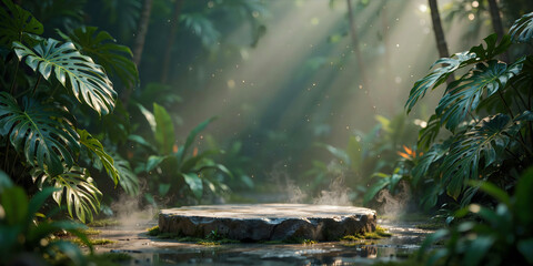 Fototapeta premium Natural stone pedestal display platform surrounded by lush tropical jungle foliage under soft morning sun rays with sunlight