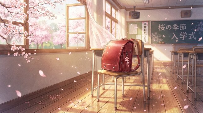Sunlight streams into a quiet classroom through a large window adorned with cherry blossom branches. A red school satchel sits on a wooden desk,
