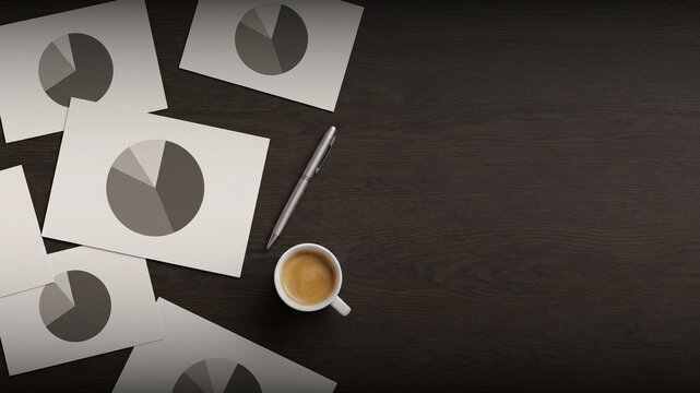 Top View of Business Reports with Pie Charts, Coffee, and Pen on Dark Wooden Desk Workspace