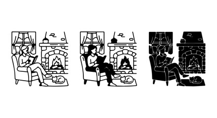 Fototapeta premium Cozy Reading Scene, Woman Relaxing by Fireplace, Cat Napping, Warm Home Ambiance, Vector Set