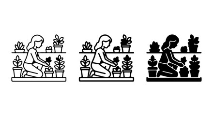 Obraz premium Gardening Woman Icon Set, Plant Care Vector Graphics, Home Horticulture Illustration, Green Thumb Design