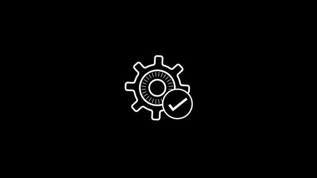 Single gear icon growing in size with checkmark animation in dark space symbolizing process development and successful implementation
