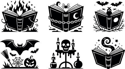 Set of black and white Halloween vector magic books and spooky design elements © Vumika