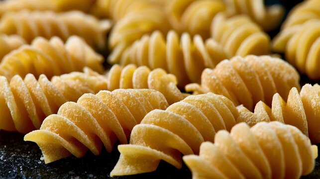 Close up of spiral shaped dried pasta arranged neatly on a dark surface with textured detail and warm lighting