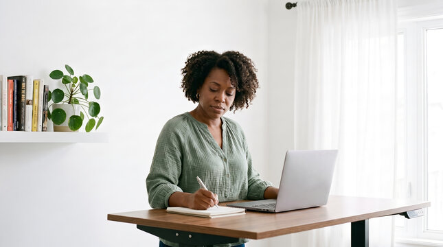 Black woman in green shirt, focused face and short curly hair, writing in notebook at standing desk, home office room, business photography