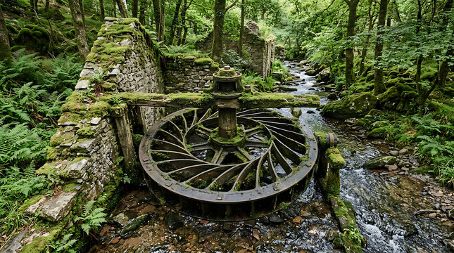 Ancient water mill wheel stands amidst lush green forest ruins beside a flowing stream