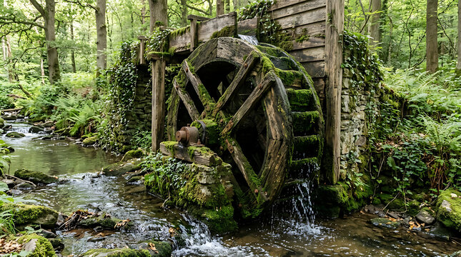 Ancient wooden water mill wheel with mossy structure beside flowing creek in lush forest setting