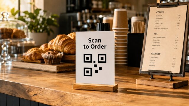 Cafe counter with scan to order QR code and pastry menu