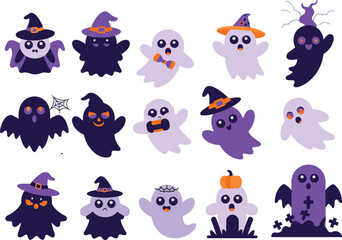 Naklejka premium Cute Halloween Ghost Characters Set with Spooky Spirits and Witches Hats Vector Illustration
