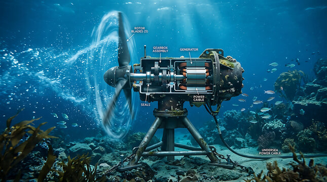 Underwater hydrokinetic turbine in flowing ocean current, generating renewable energy from water motion