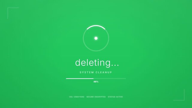 System Cleanup Animation Featuring Progress Bar and Circular Loading Icon for Data Deletion Process on Green Background
