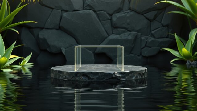 Dark scene features illuminated pedestal surrounded by water, plants, stone wall. Minimalist presentation, dramatic lighting creates mood.
