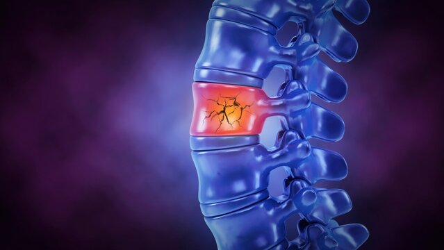 Herniated spinal disc conceptual medical illustration showing vertebral damage with vertebrae herniation skeleton