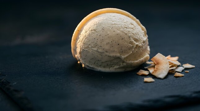 Single scoop of coconut or vanilla bean ice cream with toasted coconut flakes on a rustic black slate board